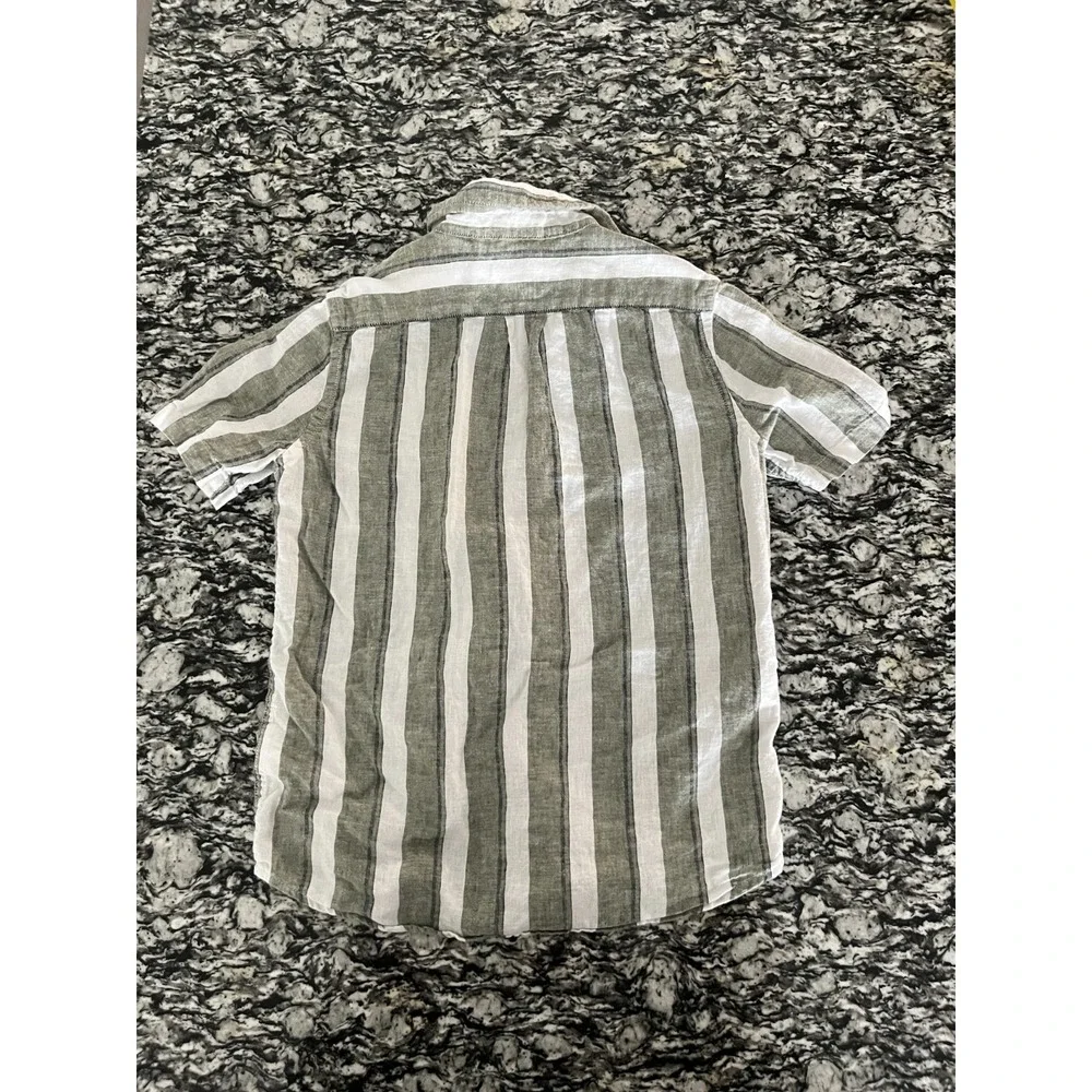 Gap Shirt Kids Small White Green Striped Linen Back Box Relaxed‎ Fit Button Up